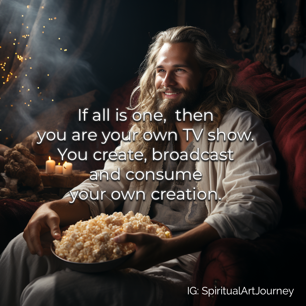 Spiritual Meme / Jesus eating popcorn: If all is one, then you are your own TV show. You create, broadcast, and consume your own creation.