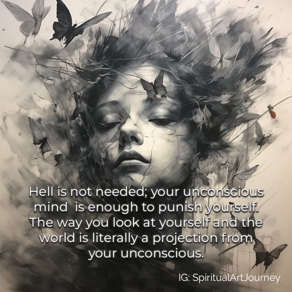 Spiritual Quote: Our own unconscious mind is capable of generating feelings of guilt, regret, or self-loathing, especially if left unchecked. This can cause our internal world to become a personal 'hell' that we may inadvertently project into reality. The second part of this perspective builds upon a psychological theory: our view of ourselves and the world is fundamentally shaped by our unconscious mind. This means that our past experiences, emotions, and biases—many of which we may not even be aware of—create the lens through which we perceive reality. It's as though we're all watching a movie directed by our unconscious minds—an idea that takes us into the realm of mindbending oncepts like those seen in Inception!